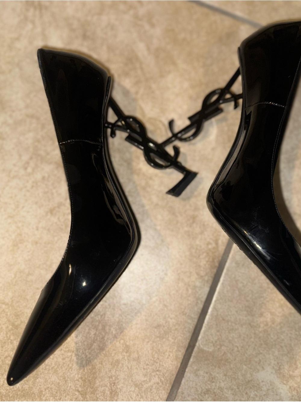 Saint Laurent Black Patent Pointed-Toe Pumps with YSL Sculpted Heels - Picture 5 of 7